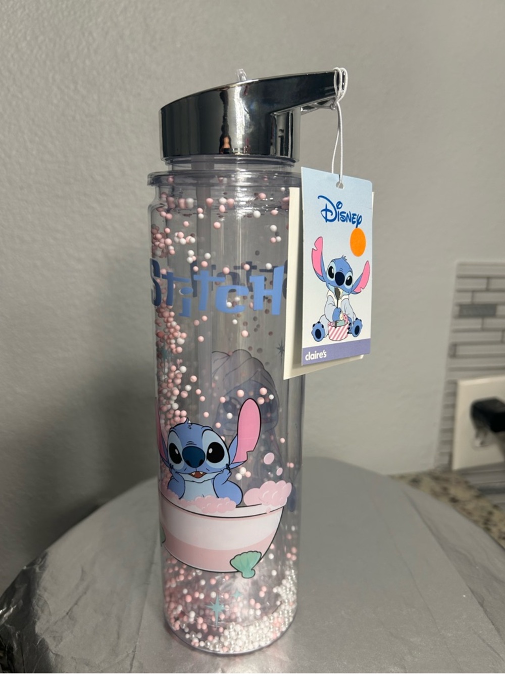 Disney Stitch Glitter Water Bottle - Blue & Pink